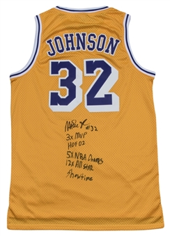 Magic Johnson Autographed Stat Inscribed Los Angeles Lakers Yellow Home Jersey (JSA)
